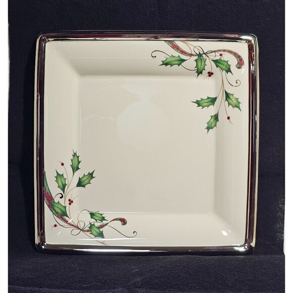 Lenox 12" Holiday Nouveau Platinum Holly Square Serving Platter Dish , Vintage - Picture 1 of 8